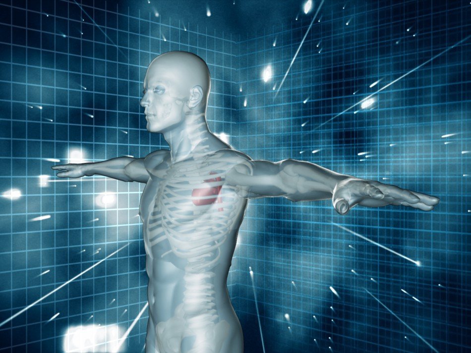 Conceptual human form with grid futuristic background