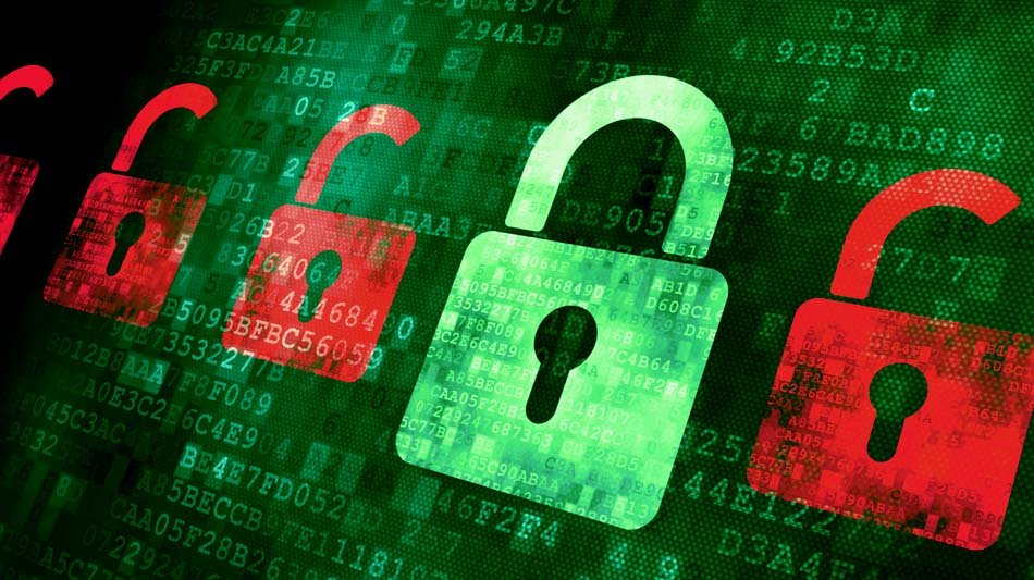 Matrix text in background (numbers), and red and green lock icons in foreground