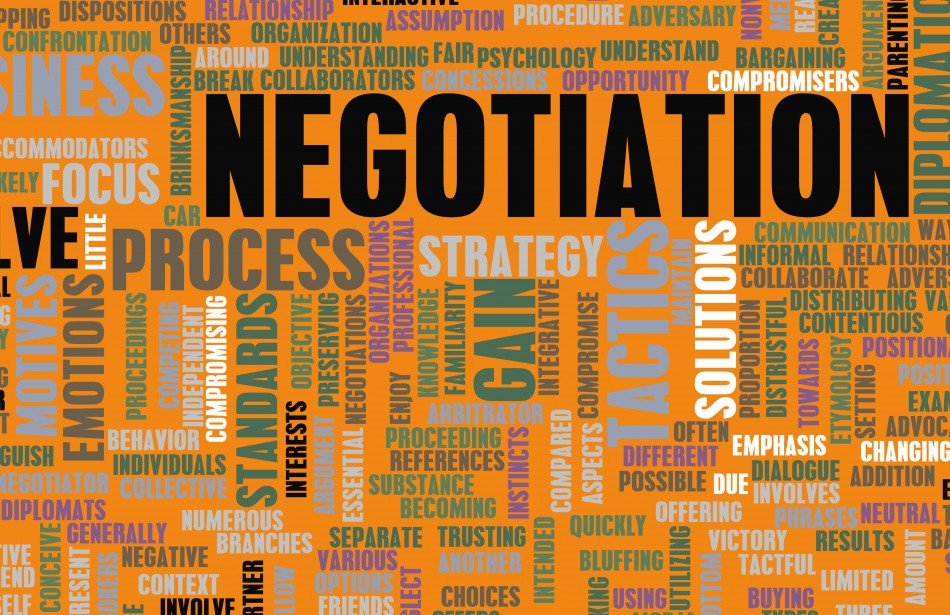 Negotiation word cloud (many negotiation-related words. E.g., "compromise, strategy" etc.)