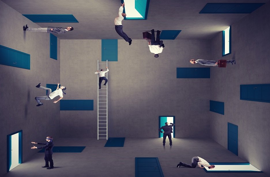 People scattered around a room, climbing ladders, looking out windows, zero gravity (people handing off ceiling as well as standing on floor)